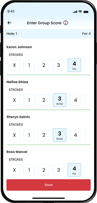 Hole by hole live scoring screen