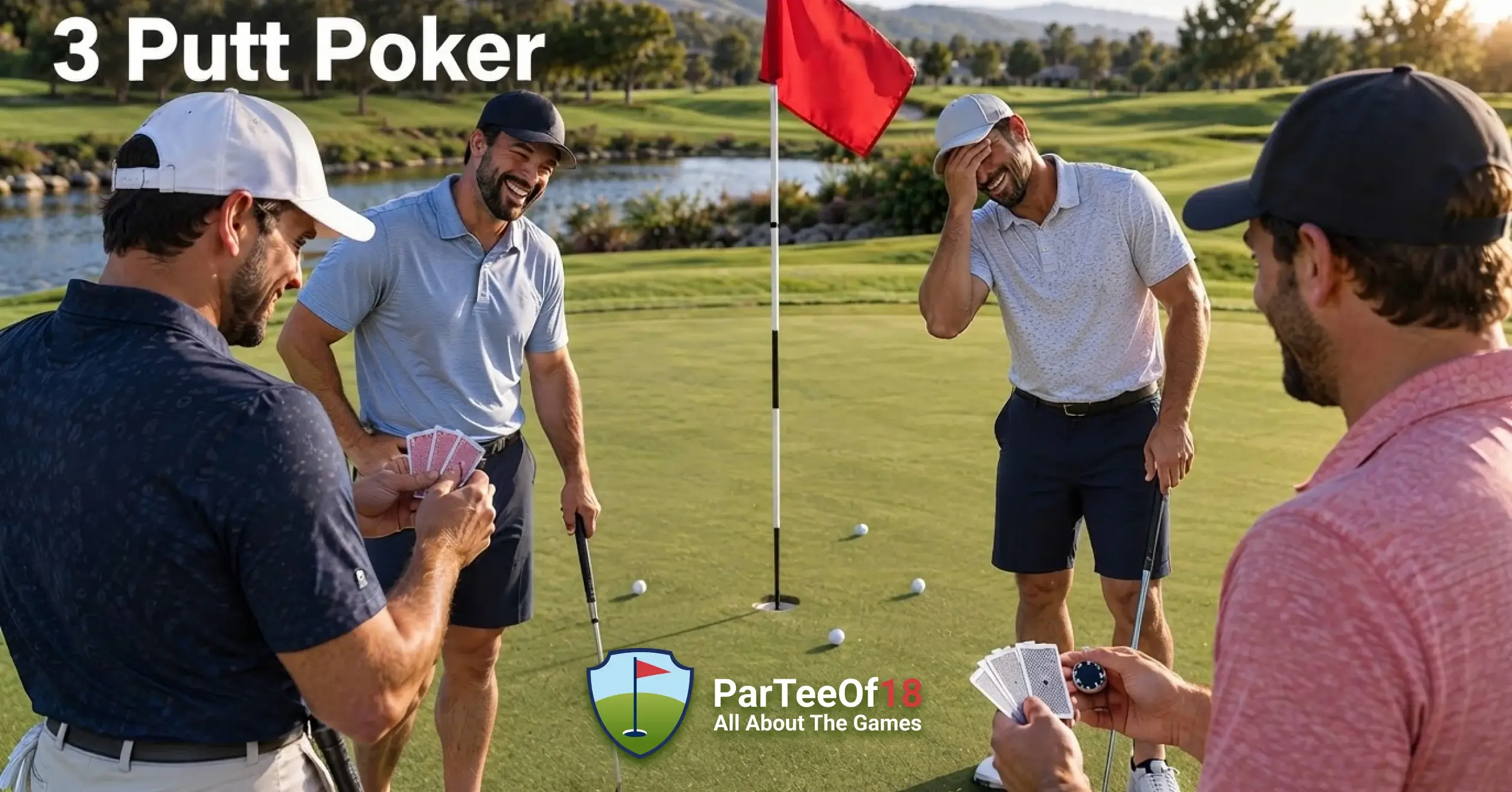 Golfers playing 3 Putt Poker during a round, combining putting results with collected playing cards.