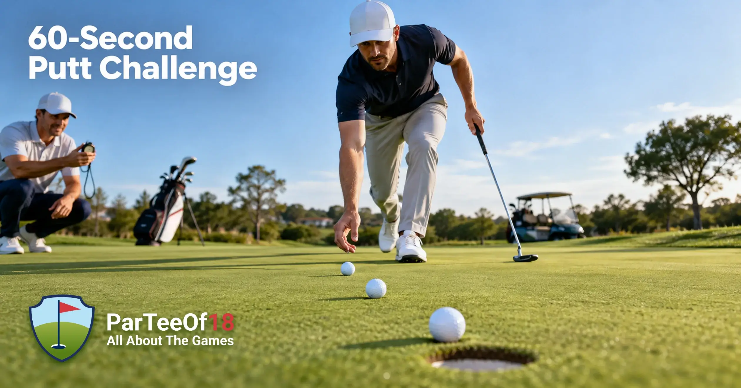 Golfer practicing the 60-Second Putt Challenge with three golf balls at different distances from the hole.
