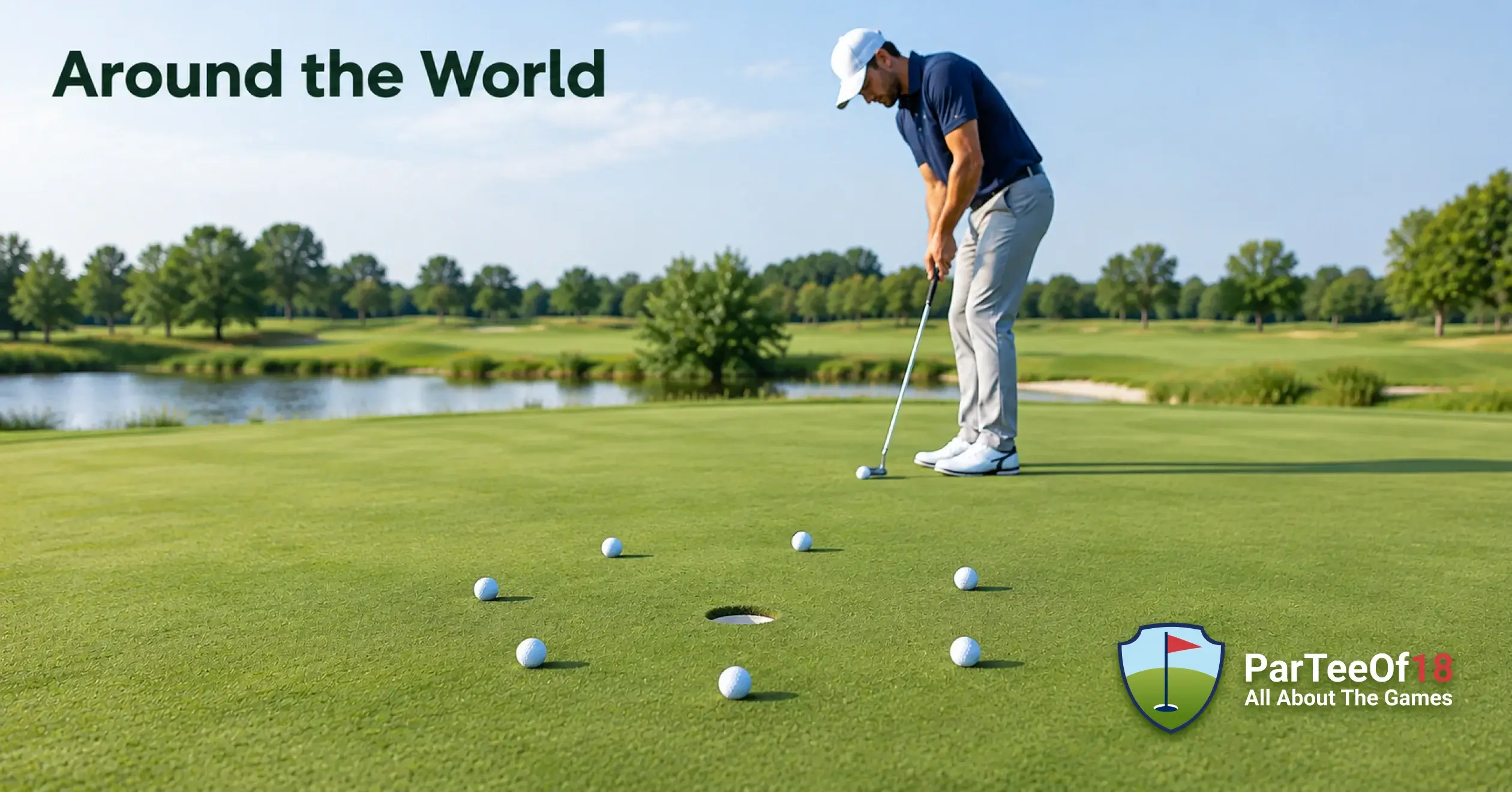 Golfer practicing the Around the World putting game with eight golf balls arranged in a circle around the hole.