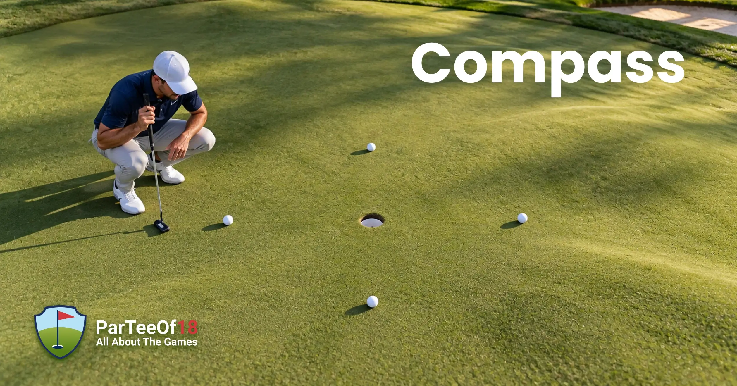 Golf balls arranged in four directions around a hole for the Compass putting game.