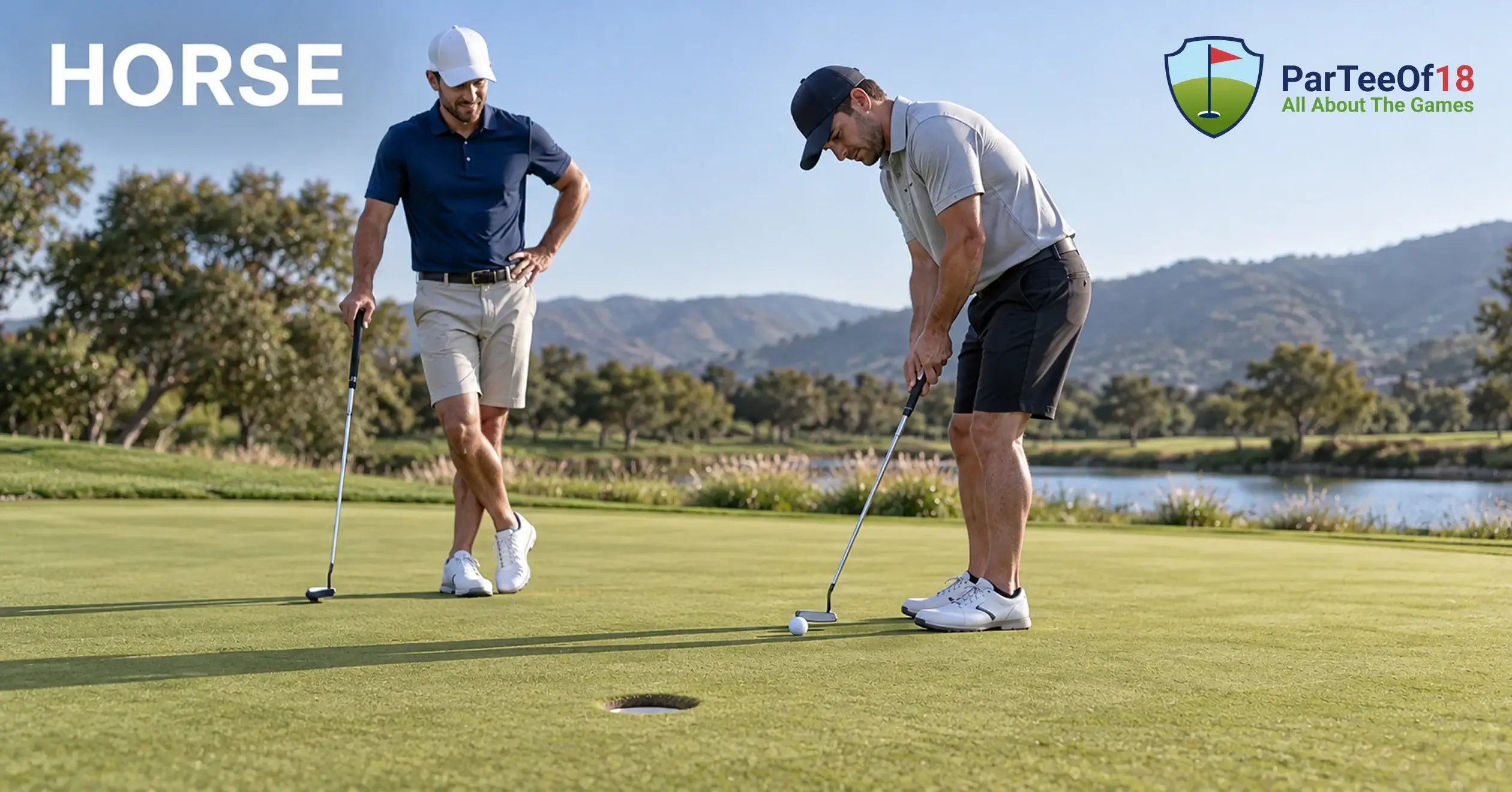 Two golfers playing HORSE putting, taking turns attempting the same putt from a challenging position.