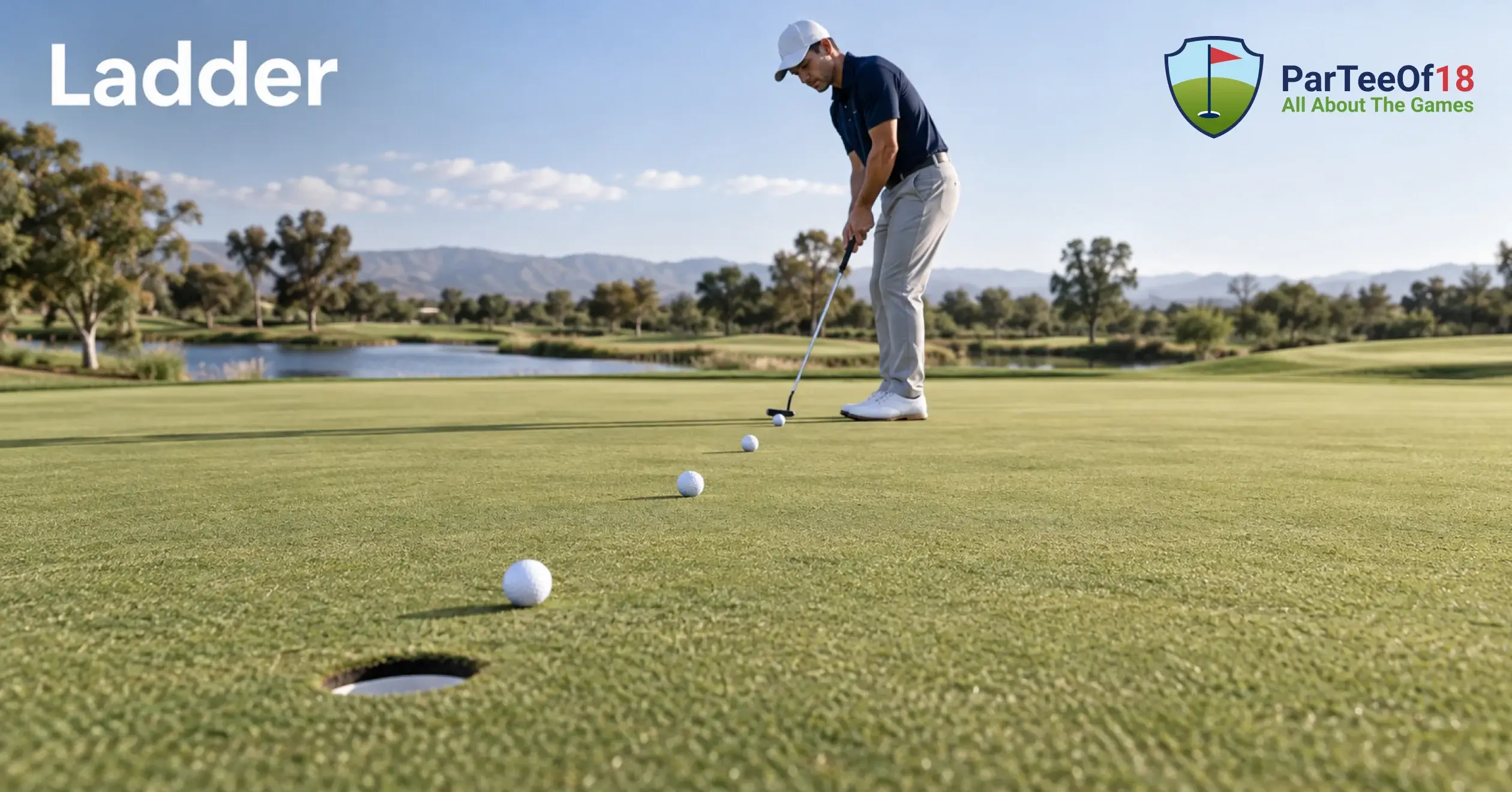 Golfer practicing the Ladder putting game with golf balls placed at increasing distances from the hole.