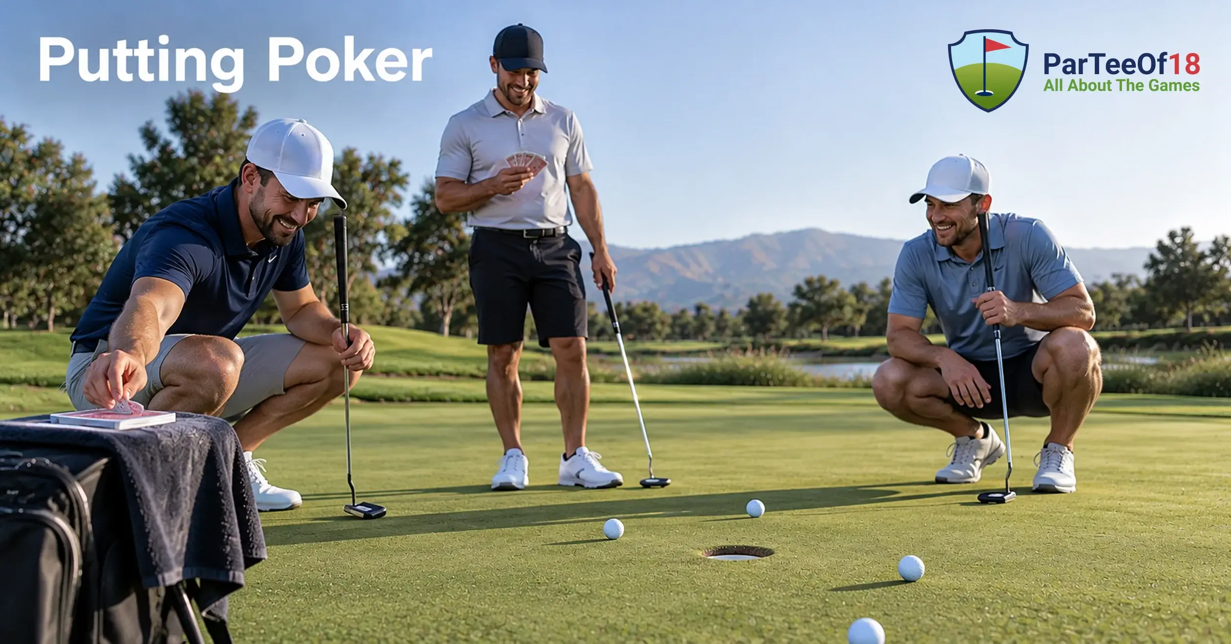 Golfers playing Putting Poker on a practice green, collecting playing cards after successful putts.