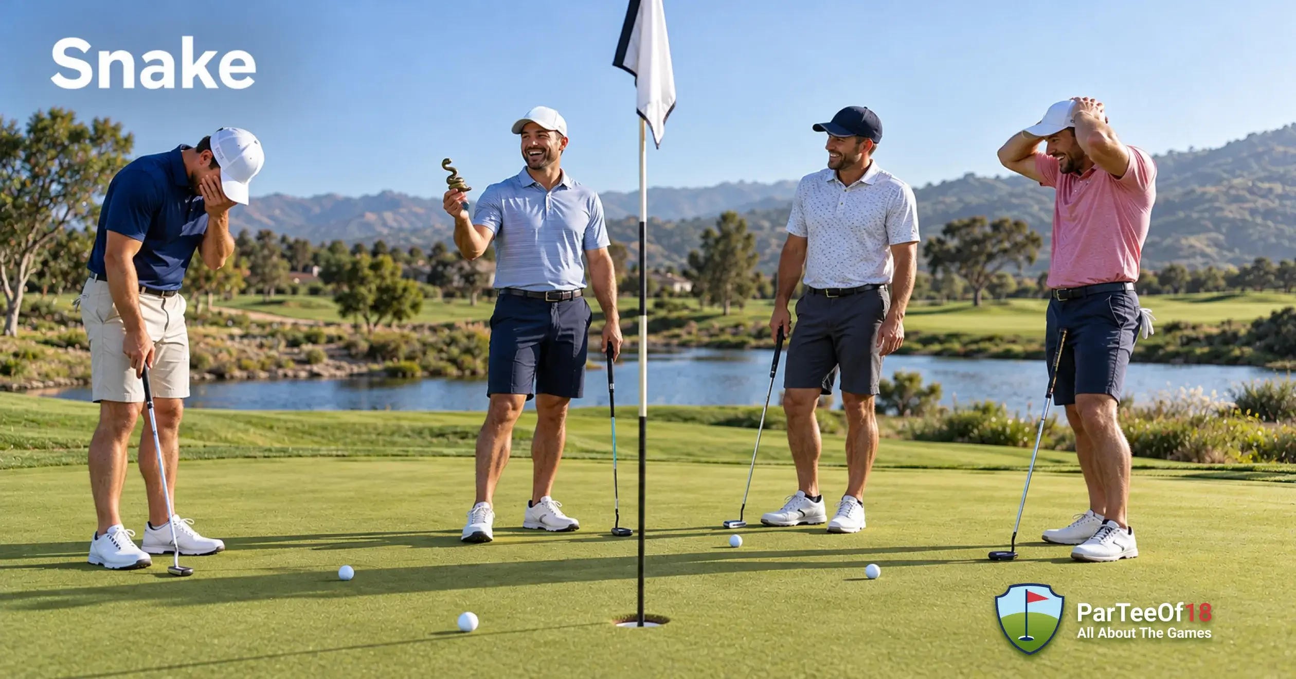 Golfers playing the Snake putting game on a golf course, with a player holding the penalty token after a three-putt.
