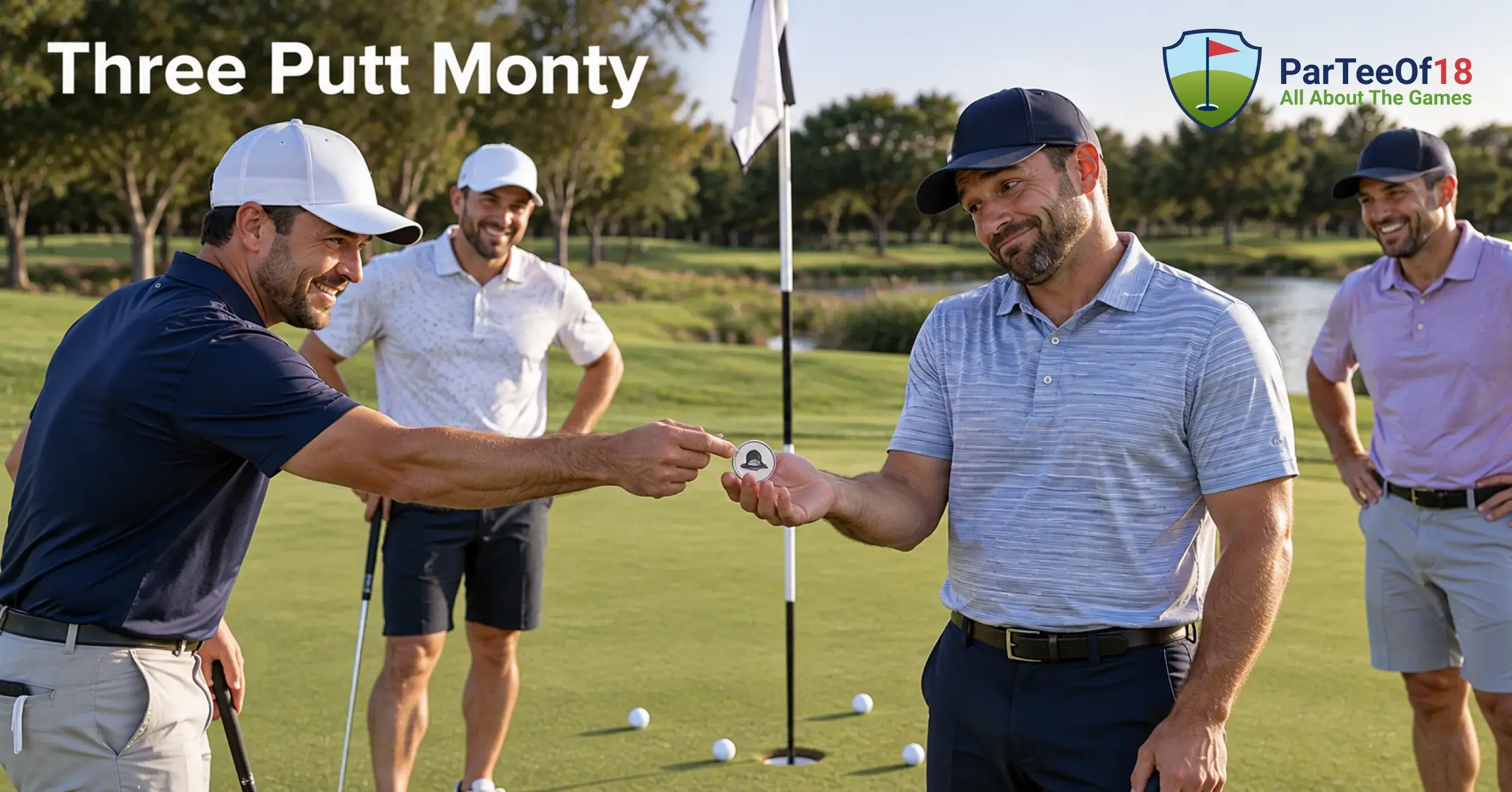 Golfers playing Three Putt Monty on a golf course, passing a penalty token after a three-putt.